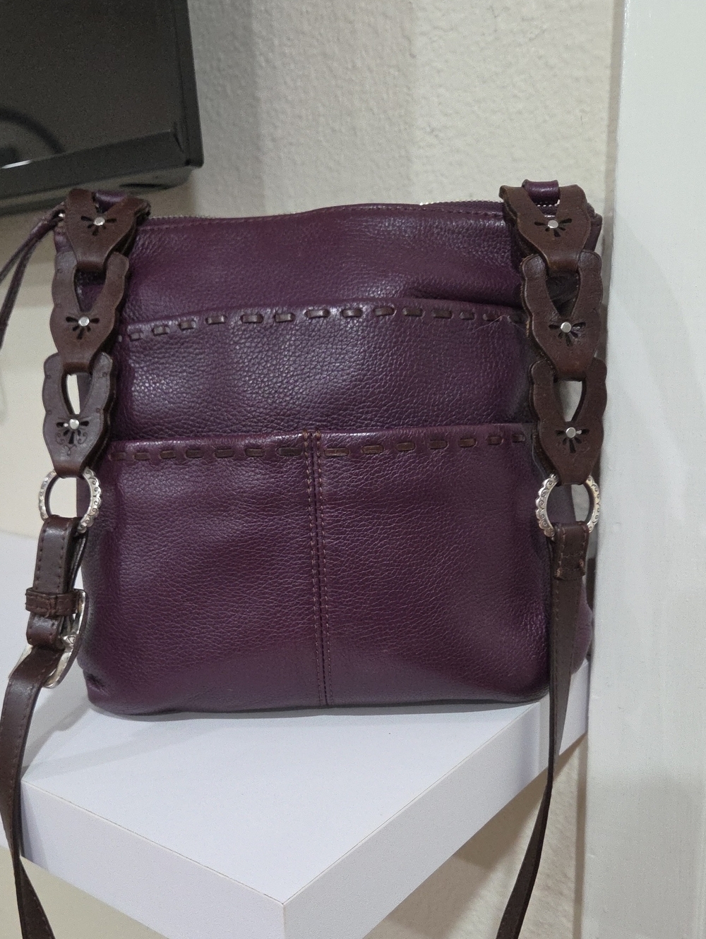 Brighton Women's Purple Leather Crossbody Bag With Detailed Leather Straps